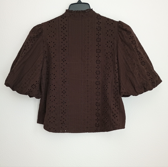 Zara Dark Brown Eyelet Puff-Sleeve Blouse - Picture 4 of 7